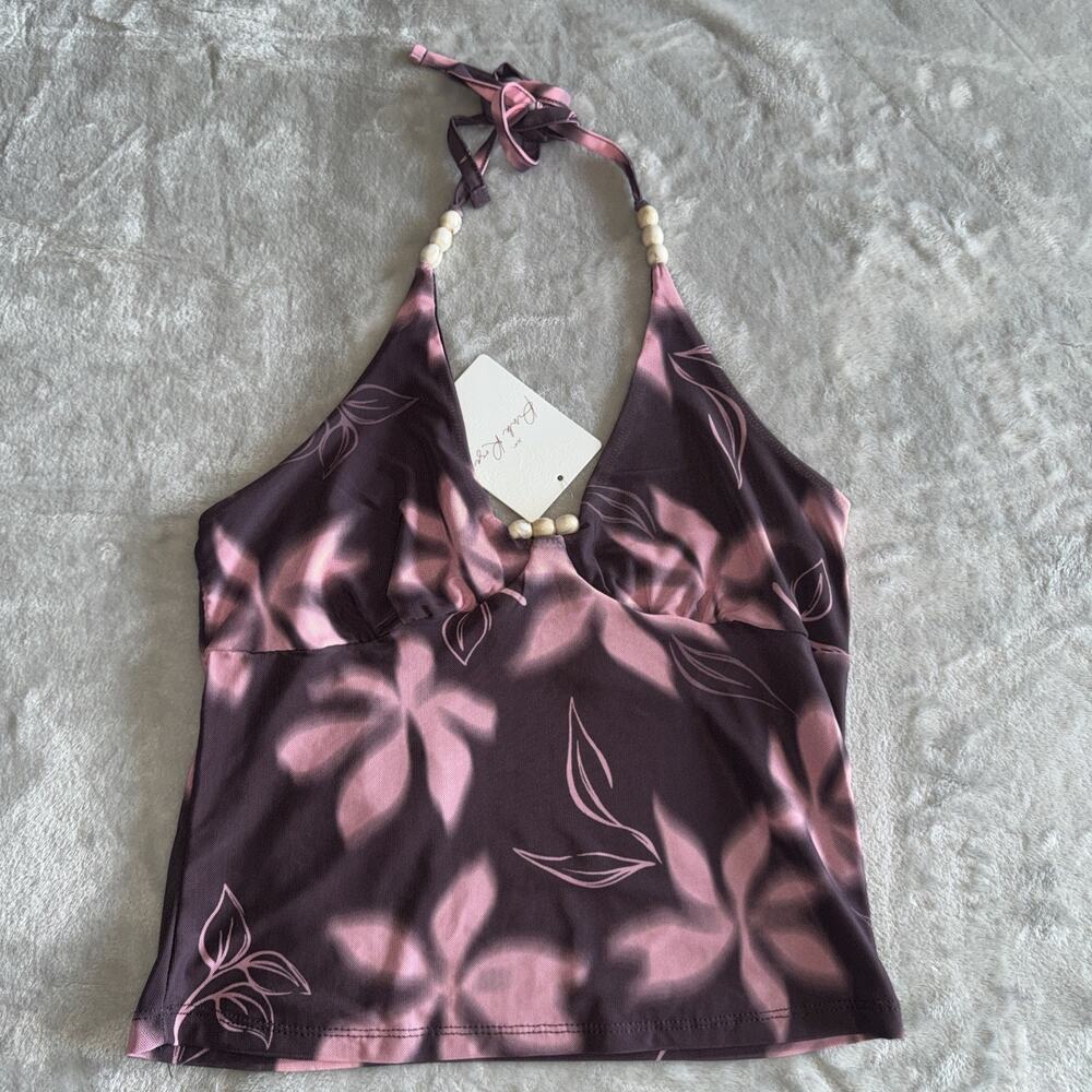 Pink Rose NEW Halter Cropped Top Women Small Brown Pink Floral V-Neck Y2K Club